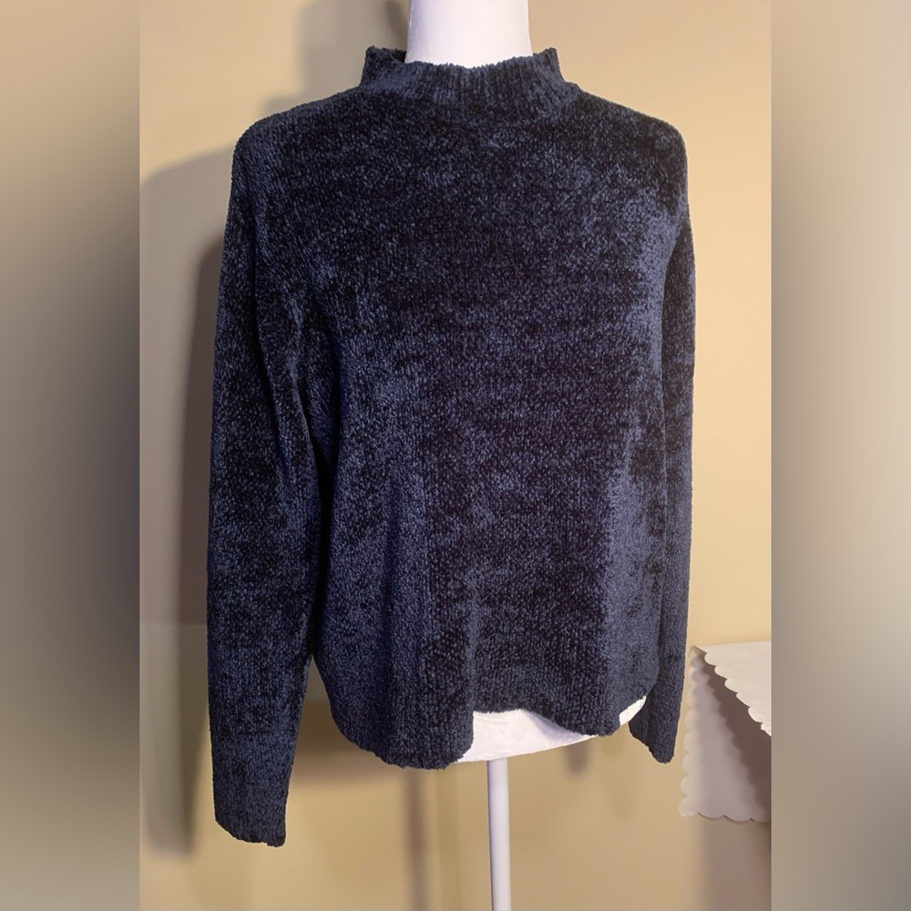 EUC Sweater: Cozy, Mock Turtleneck, Microfiber, Navy, Slight Sheen, Vintage